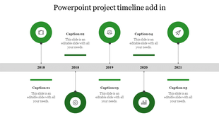Project timeline PPT slide with years from 2018 to 2021, each year represented by a green circular icon and a caption.