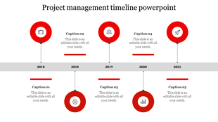Modern red and white project timeline with circular icons, a horizontal bar, and captions marking events from 2018 to 2021. 
