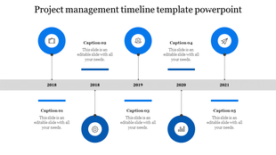 Blue themed timeline with year markers from 2018 to 2021, each represented by a circular icon and captions.