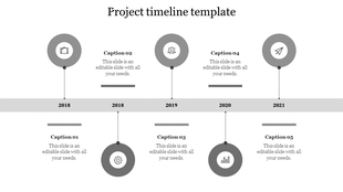 Gray project timeline with circular icons marking milestones from 2018 to 2021, connected by a horizontal bar with  captions.