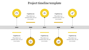 Yellow and gray project timeline from 2018 to 2021 with five milestones, each represented by a distinct circular icons.