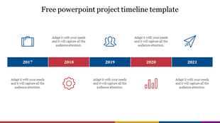 Project timeline PPT template featuring icons for each year from 2017 to 2021 and captions on a white backdrop.