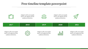 Timeline PPT template with years 2017 to 2021, each marked by green icons and connected by a horizontal line.