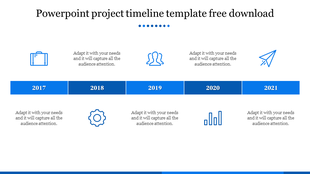 Horizontal project timeline with five blue blocks labeled 2017 to 2021, each linked to icons representing milestones. 