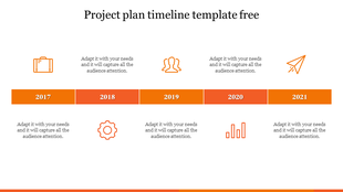 Timeline PPT template with years 2017 to 2021, each marked by orange icons and connected by a horizontal line.