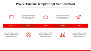 Horizontal project timeline with red icons and captions, highlighting milestones for the years 2017 to 2021.