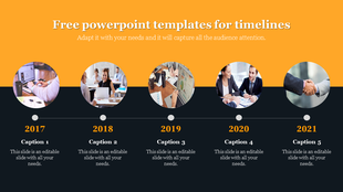 Horizontal timeline with circular images for years 2017 to 2021, connected by a line, on a black and orange background. 