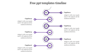 Vertical timeline with six numbered purple nodes in a zigzag pattern and captions on either side.
