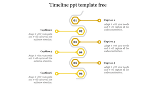Vertical timeline slide with six yellow hexagons labeled 01 to 06, connected by a gray wavy line and captions on each side.