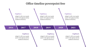 Office timeline PowerPoint slide with years from 2016 to 2021, each marked by a purple arrow and caption.