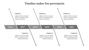 Horizontal timeline displaying years 2016 to 2021 with six labeled sections for captions, arranged with arrows.