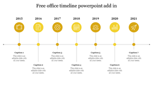 Timeline with seven yellow circles containing icons, connected by a thin line, representing years from 2015 to 2021.