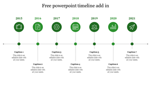 Timeline PowerPoint slide with years 2015 to 2021, each marked with a green icon and connected by a horizontal line.