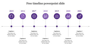Purple horizontal timeline from 2015-2021 with circular icons above and text boxes below connected by vertical lines. 