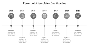 Grayscale horizontal timeline with circular icons for years 2015 to 2021, each linked to captions below.