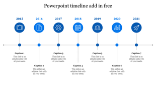 Timeline PowerPoint slide with years 2015 to 2021, each marked with a blue icon and connected by a horizontal line.