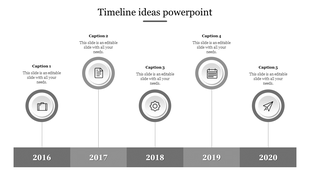 A monochrome timeline infographic spanning from 2016 to 2020, with circular grey icons and captions.