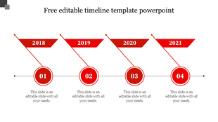 Timeline slide with red triangular labels for years and numbered circular steps from 01 to 04, on a black horizontal line.