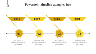 Four step horizontal timeline infographic in yellow, displaying years 2018 to 2021 with numbered circular markers.
