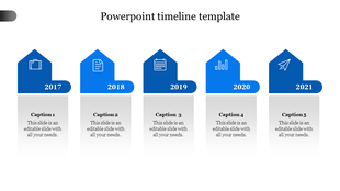 Five blue arrow shaped markers from 2017 to 2021, each with an icon, displayed over gray caption areas.
