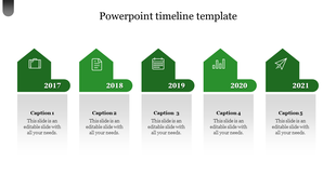 Horizontal timeline with five green house shaped markers for 2017-2021, each containing an icon and a gray caption box below.