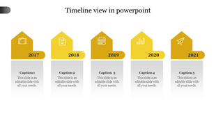 Horizontal timeline with five yellow house shaped markers for 2017-2021, each containing an icon and a gray caption box below. 