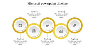 Yellow and white circular timeline infographic slide with five milestones, each represented by an icon and placeholder text.