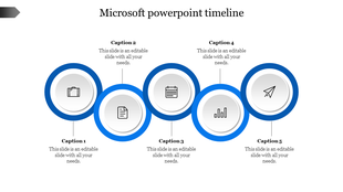 Horizontal timeline with five blue bordered circles featuring business related icons, each linked to a caption below.