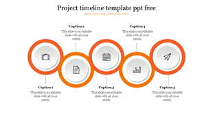 Five step timeline with circular orange elements, each containing business related icons, connected in a sequence.