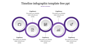Purple and white circular timeline infographic slide with five milestones, each represented by an icon and placeholder text.