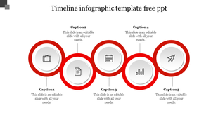 Timeline infographic slide with five circular icons connected by red rings, each with space for captions.