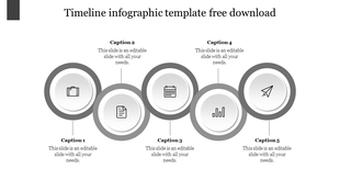 Five step timeline infographic slide with circular icons for captions in a grayscale PowerPoint template.