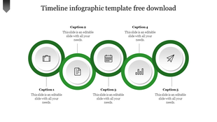 Horizontal timeline with five green bordered circles featuring business-related icons, each linked to a caption below. 