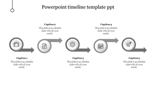 Timeline PowerPoint slide with five grey arrow icons and captions with placeholder text on a white backdrop.