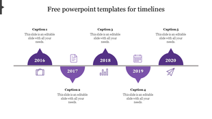 Timeline slide with purple color scheme, showing semicrcular year markers from 2016 to 2020, each with an icon and captions.