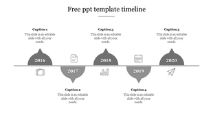 Minimalist timeline PowerPoint template with five milestones from 2016 to 2020, grey icons, and captions on a white backdrop.
