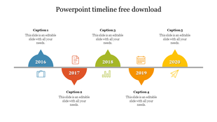 Timeline PowerPoint slide with years and color coded icons with captions and placeholder text on a white backdrop.