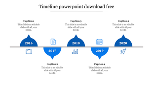 Timeline slide featuring five blue semicircular shapes for the years 2016 to 2020 with icons for each year.