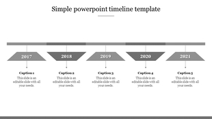 Simple timeline template featuring five evenly spaced years from 2017 to 2021, with editable captions beneath each milestone.