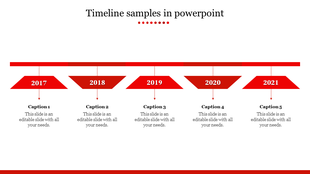Linear timeline with five red milestone markers suspended from a top bar, linked to placeholder text areas.