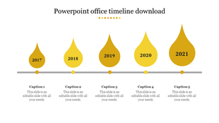 Yellow themed timeline PPT template with five milestone drops from 2017 to 2021 along a horizontal line with captions.