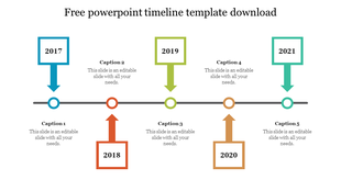 Timeline PowerPoint template with vibrant colored year blocks with captions and placeholder text on a white backdrop.