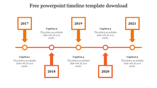 Timeline PowerPoint template with a structured horizontal flow and milestone years in orange bordered boxes with captions.