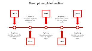 Horizontal timeline with five red-outlined square markers for 2017-2021, connected by a line with arrows pointing to captions.