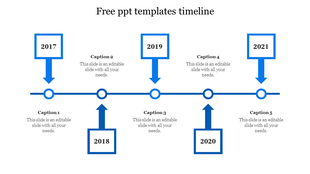 Blue themed timeline with square markers for 2017 through 2021, each with a corresponding caption beneath.