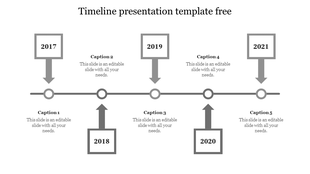 Linear timeline featuring five gray square milestones positioned above and below a horizontal line, each linked to captions.