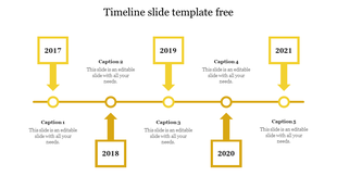 Timeline slide featuring five yellow square markers with arrows, for the years 2017 to 2021, each with a caption.