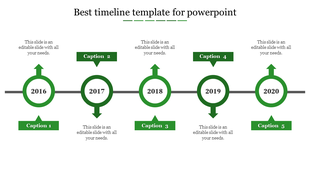 Green themed timeline PowerPoint template with five milestone years and captions with placeholder text on a white backdrop.