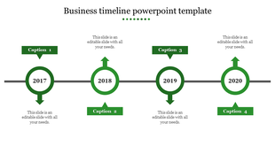 Business timeline with four green circular markers labeled 2017-2020, connected by a horizontal line with captions.