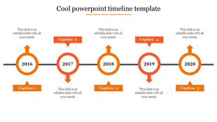 Timeline slide with five orange circular years from 2016 to 2020, marked by arrows pointing upward and downward.